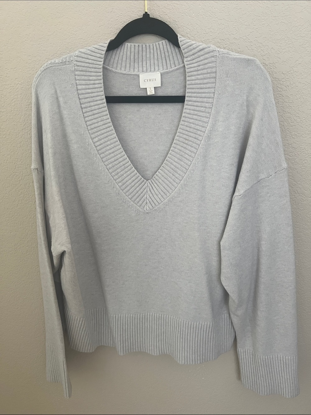 Cyrus Light Gray V-Neck Ribbed Trim Sweater